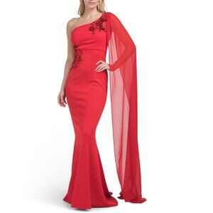 DALIA MACPHEE Red One Shoulder Floral Embellished Gown
